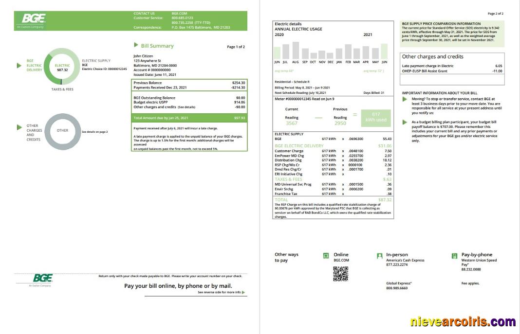 USA Maryland Baltimore Gas and Electric BGE utility bill 2 pages
